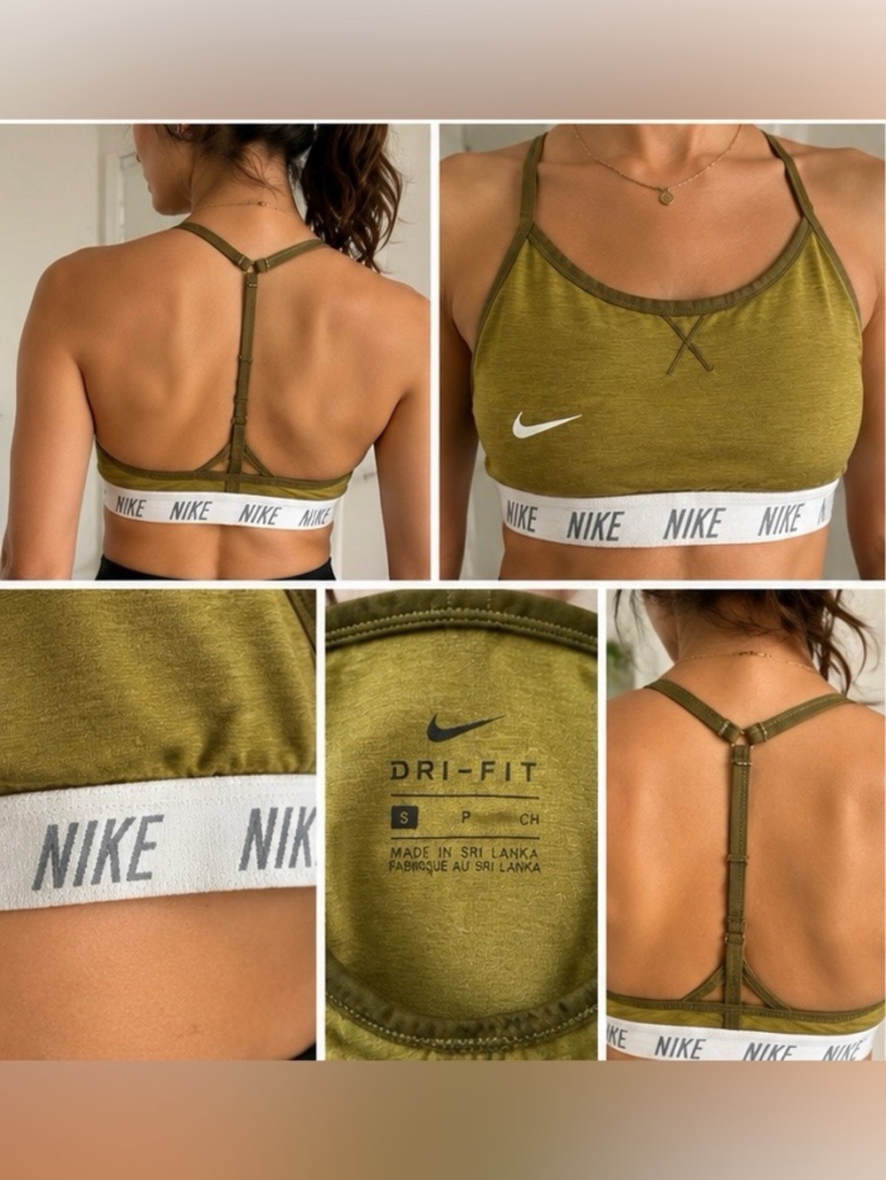 Nike Olive Green Dri-FIT T-Back Sports Bra